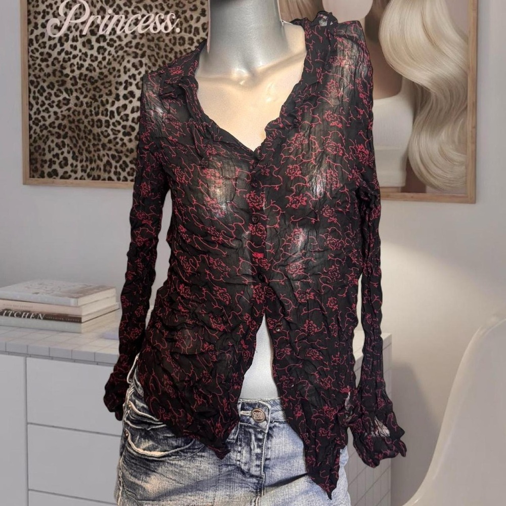 Black & red floral sheer blouse with bell sleeves and button-up front.
